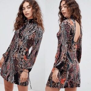 Free People All Dolled Up Paisley Long Sleeve Open Back Turtleneck Mini Dress